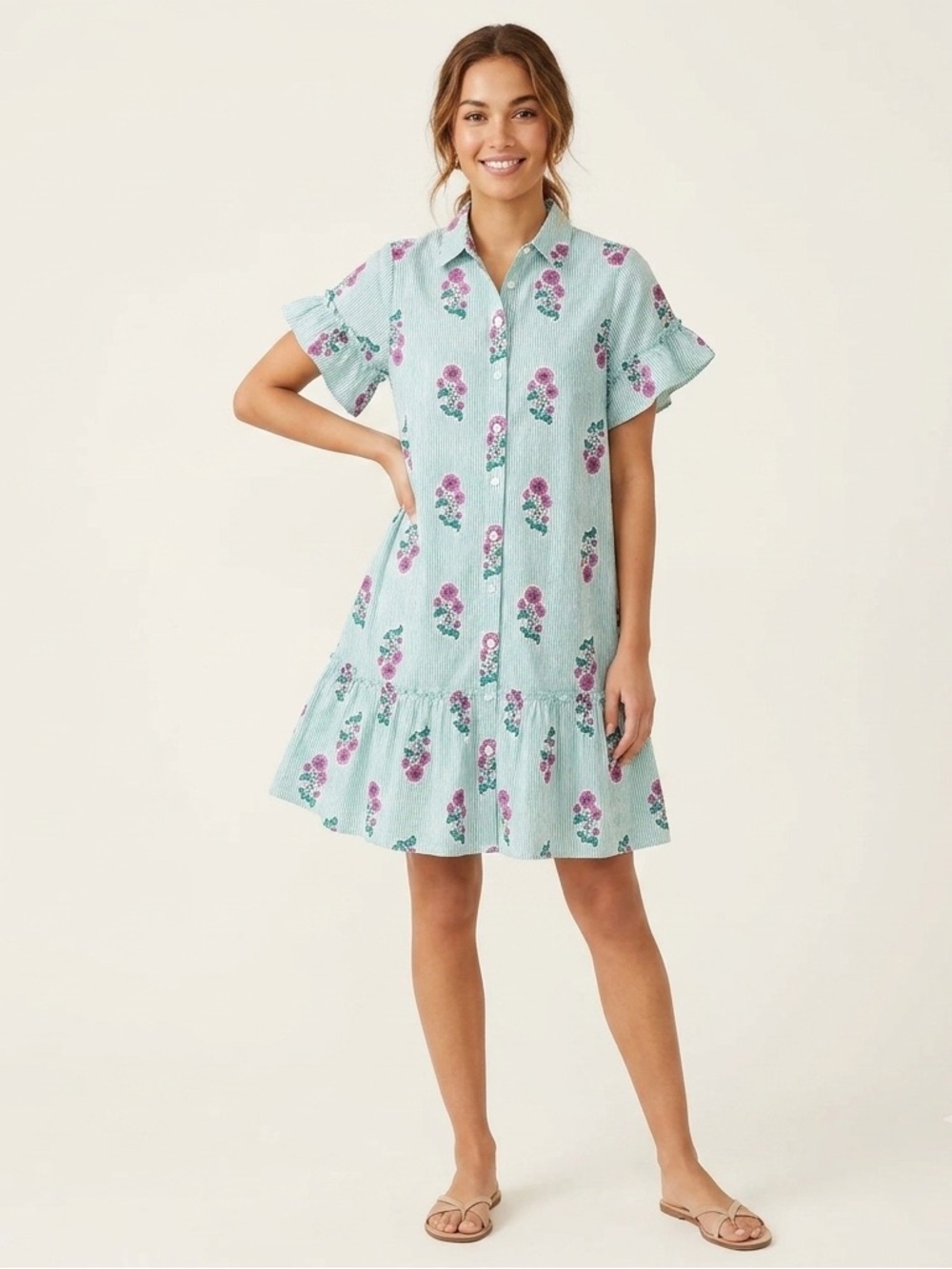 J Crew Green White Striped Floral Tiered Shirt Dress Ruffle Sleeve Pocket Size 6